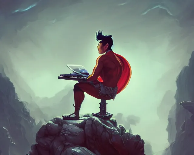 Image similar to an insanely detailed painting of an asian man wearing a homemade superhero costume, sitting at a desk, staring at the nervously at the computer and typing, in the style of peter mohrbacher, dramatic lighting and composition, surreal background, octane render, pixar, trending on artstation, concept art, comic book, view from behind