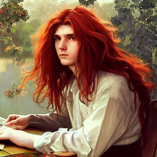 Image similar to a red-haired long-haired teenage boy sitting at a computer, lions around him, painting by artgerm and greg rutkowski and alphonse mucha, smooth sharp focus