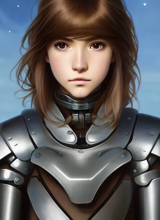 Image similar to young mysterious girl with light hazelnut hair with side swept bangs, perfectly proportioned face, brown eyes, strong square jawline, natural lighting, path traced, highly detailed, high quality, cartoon, digital painting, by new haicheng and studio ghibli and alphonse mucha wearing an cyborg space armor designed by neill blomkamp