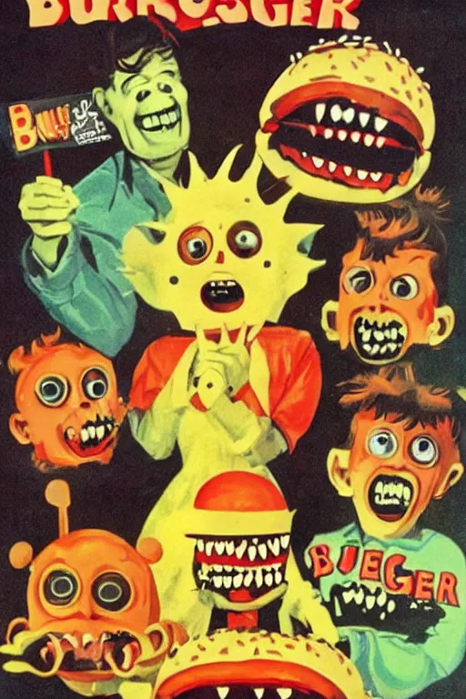 Image similar to burger monster, vintage kids horror movie poster