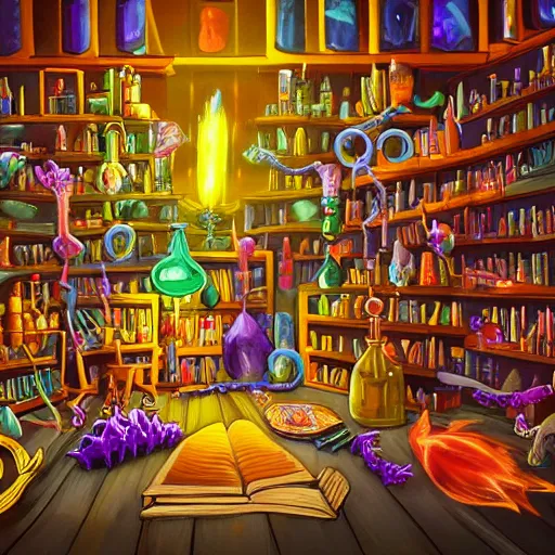 Image similar to these monsters are consumed by fire, yet they remain unharmed. they are surrounded by the tools of the alchemist's trade - beakers and test tubes full of colorful liquids, crystals, and books of ancient knowledge. the scene is suffused with an eerie glow, as if something magical is happening here. dramatic lighting epic glows eerily beautiful photograph