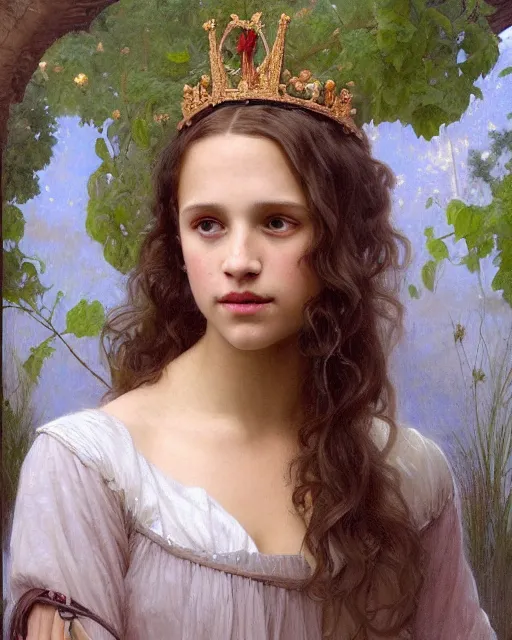 Image similar to a portrait painting of a shy, blushing 1 6 - year old alicia vikander or millie bobby brown as a princess in her garden, hair fanned around, intricate, elegant, highly detailed, artstation, concept art, by krenz cushart and donato giancola and william adolph bouguereau and alphonse mucha