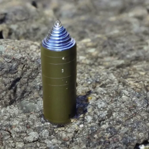 Prompt: 5. 5 6 nato cartridge sitting on a rock