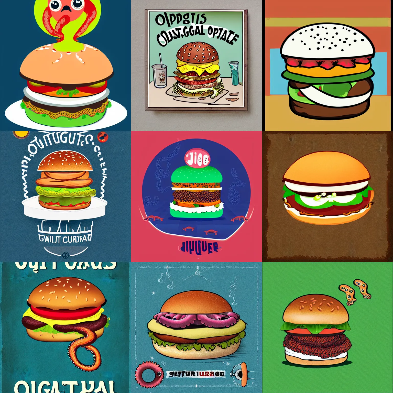 Prompt: digital illustration poster, octopus inside a hamburger