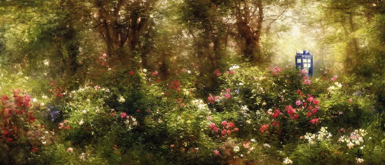 Prompt: A beautiful painting of TARDIS in the forest with flowers and trees and ferns, soft sun light by Herbert Arnould Olivier, Trending on artstation