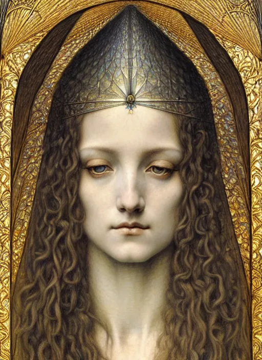 Image similar to detailed realistic beautiful young medieval queen face portrait by jean delville, gustave dore and marco mazzoni, art nouveau, symbolist, visionary, gothic, pre - raphaelite. horizontal symmetry