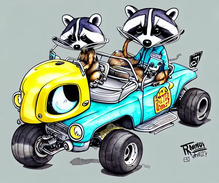 Prompt: cute and funny, racoon wearing a helmet riding in a tiny fourwheeler with oversized engine, ratfink style by ed roth, centered award winning watercolor pen illustration, isometric illustration by chihiro iwasaki, edited by range murata, tiny details by artgerm, symmetrically centered