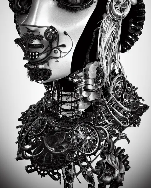 Image similar to black and white dreamy foggy smoky profile face portrait, one silver steampunk eye biomechanical beautiful young female cyclope - cyborg - robot bust, body ribs meshes,, volumetric light, hibiscus flowers, by hg giger, rim light, by dora maar and cecile beaton, big gothic fashion pearl embroidered collar, 8 k