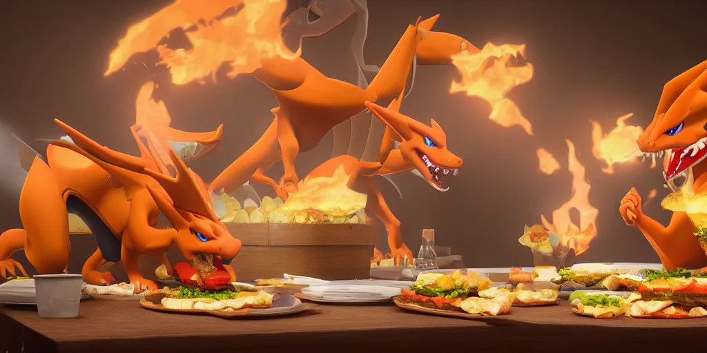 Prompt: An impressive Charizard next to a table eating some delicious hamburgers, digital art, wide shot, highly detailed, hyperrealistic, photorealistic, unreal engine 5, very detailed, emotional, made by a professional 3d artist, dynamic lighting, trending on artstation, 4k uhd, epic composition, masterpiece