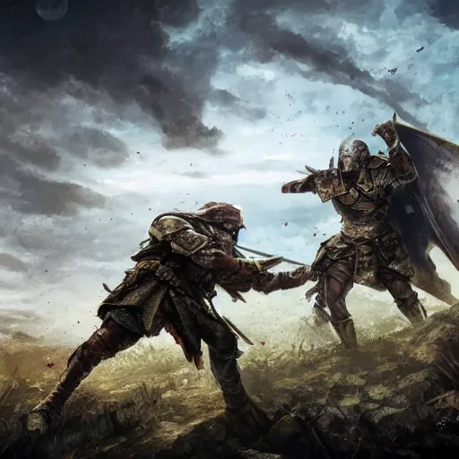 Prompt: war torn battlefield, figures fighting in the distance, a fallen warrior in focus, dnd, fantasy, high quality, high definition, concept art, smooth