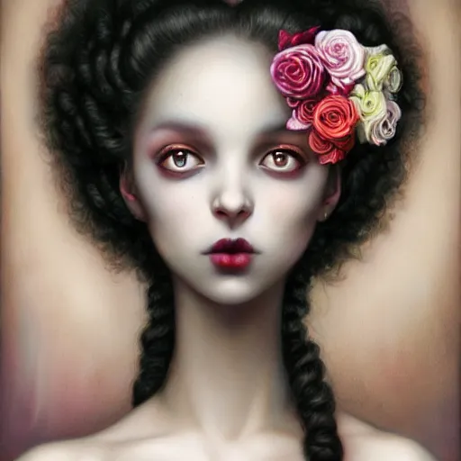 Prompt: pop surrealism, lowbrow art, realistic seductive cute black woman painting, curly hair, white shirt, holding flowers, hyper realism, muted colours, rococo, natalie shau, loreta lux, tom bagshaw, mark ryden, trevor brown style