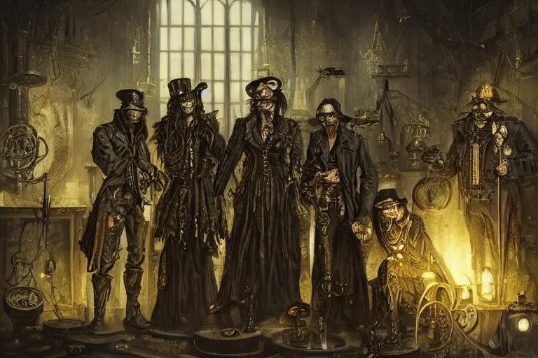 Prompt: glamor shot of a criminal gang, gothic, steampunk, in a brass and stone cesspool industrial environment with baroque gold trim by hr giger, brian froud, and raymond swanland, moody noir lighting, cinematic concept painting by greg Rutkowski
