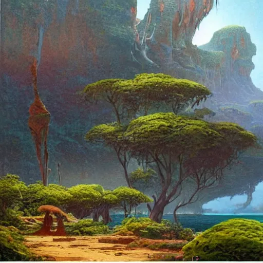 Image similar to painting of a lush natural scene on an alien planet by bruce pennington. beautiful landscape. weird vegetation. cliffs and water.