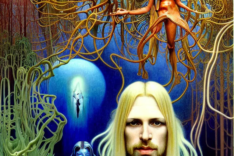 Image similar to realistic detailed portrait painting of a beautiful ghost man with blond hair with an alien, futuristic sci-fi forest on background by Jean Delville, Amano, Yves Tanguy, Alphonse Mucha, Ernst Haeckel, Edward Robert Hughes, Roger Dean, rich moody colours, blue eyes