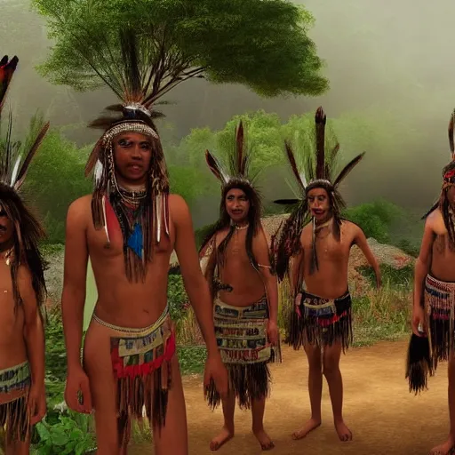 Image similar to south american native tribe in a report for a french tv, ultra detailed, photorealistic, dynamic light, cinematic