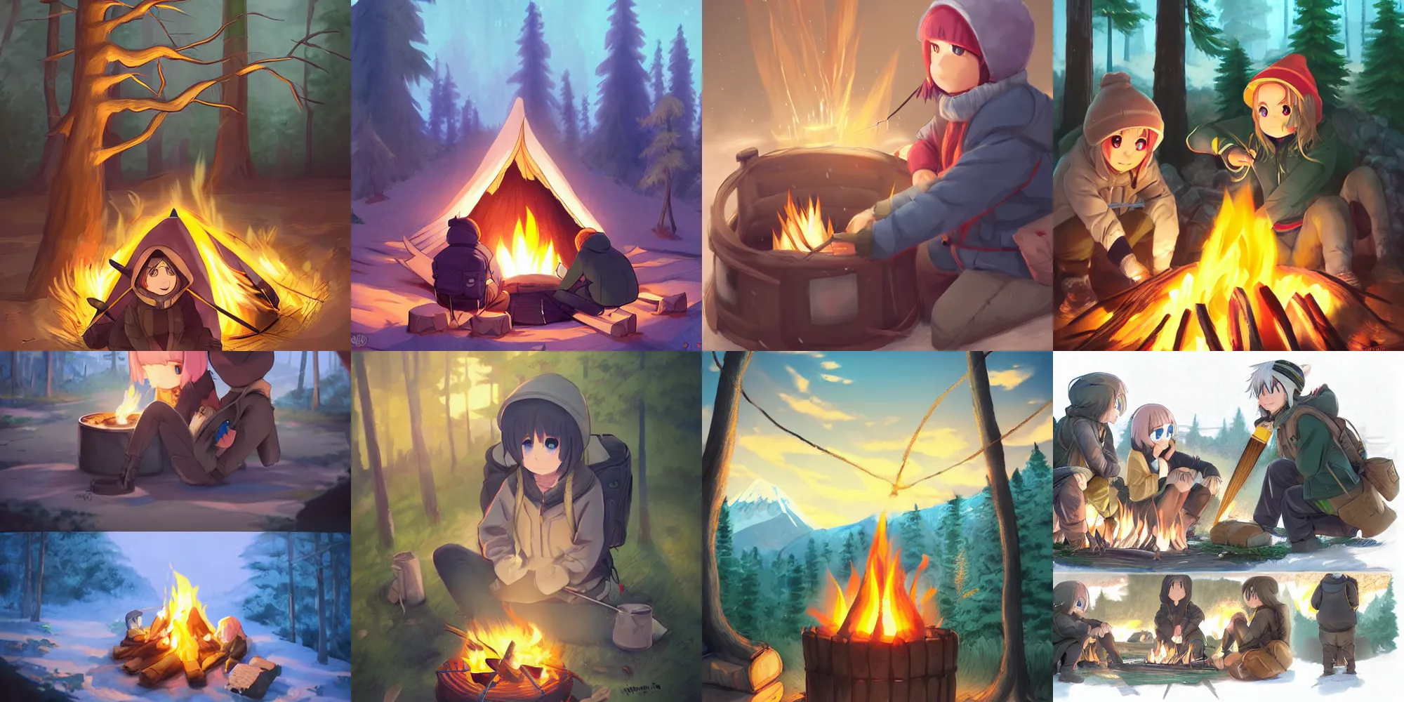 Prompt: yuru camp anime campfire trending on artstation Rossdraws