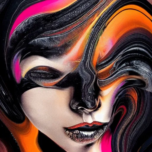 Image similar to abstract art with swirly black liquid acrylic paint and beautiful female face, beautiful color composition, warm colors, black details, sculpture, dark mood