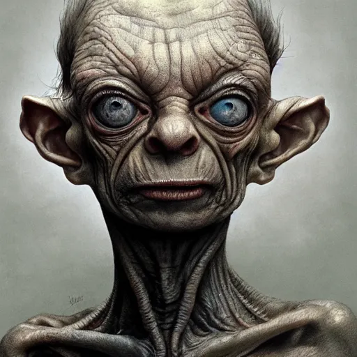 Image similar to gollum smeagol grotesque, ultra detailed, ultra realistic, by beksinski, alejandro jodorowsky, giger, greg rutkowski, carne griffith trending on artstation, deviantart, photorealism