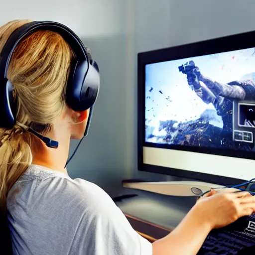 Image similar to view from behind from bed of a cute beautiful blonde woman wearing headset watching dual - monitors displaying call of duty and twitch, intricate detail, cinematic composition