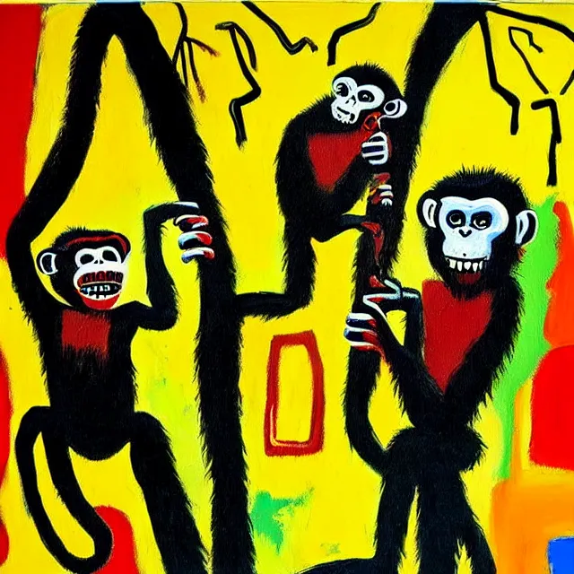 Image similar to a beautiful painting monkeys eat bananas in the tree, by jean michel basquiat realistic oil painting