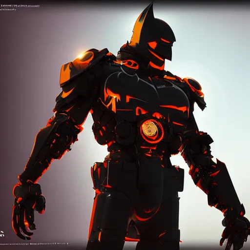 Image similar to concept render of an orange robot batman by cedric peyravernay and leon tukker