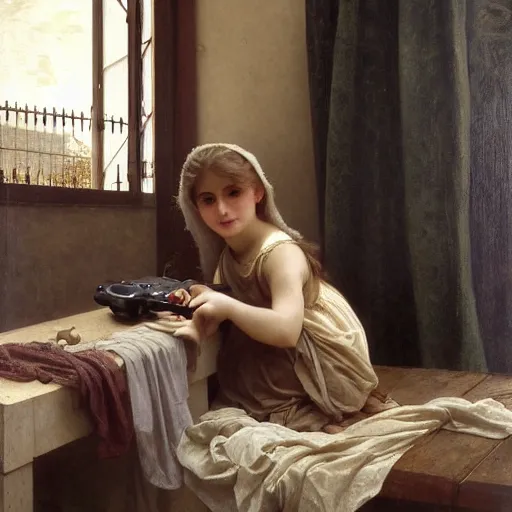 Image similar to Painting of young girl. Playing Xbox. Art by William Adolphe Bouguereau. Extremely detailed. 4K. Award winning.