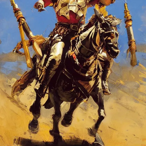 Image similar to mel gibson as rider with couched jousting lance, colorful caparisons, chainmail, detailed by greg manchess, craig mullins, bernie fuchs, walter everett