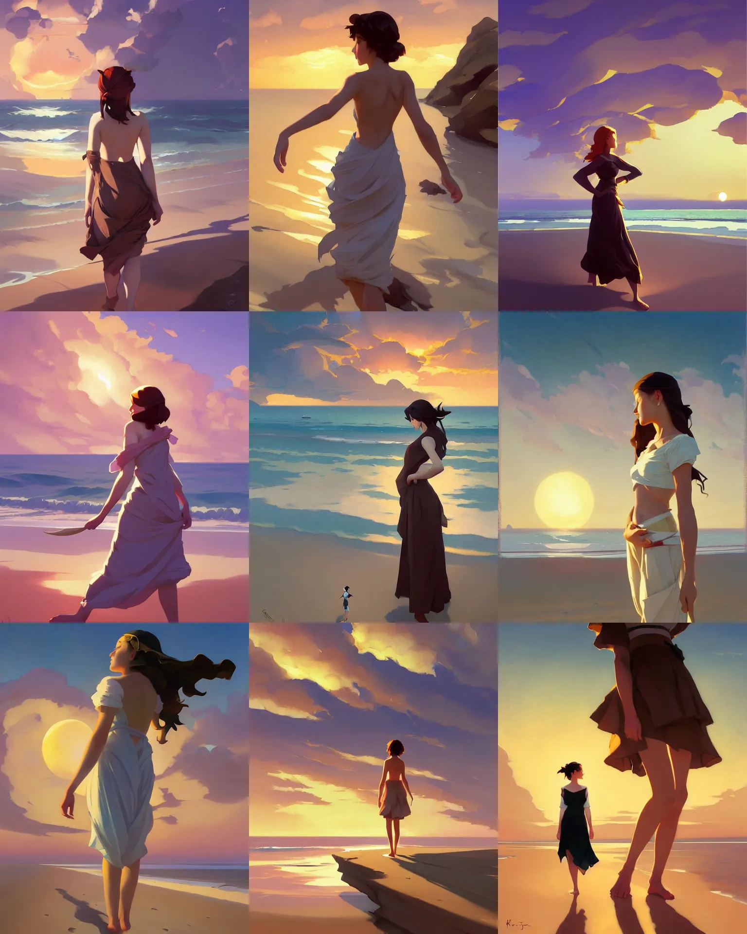 Image similar to lonely young woman wandering a beach at sunset painting by sargent and leyendecker, studio ghibli, fantasy, medium shot, asymmetrical, intricate, elegant, matte painting, illustration, hearthstone, by rhads by greg rutkowski, by greg tocchini, by james gilleard, by joe fenton