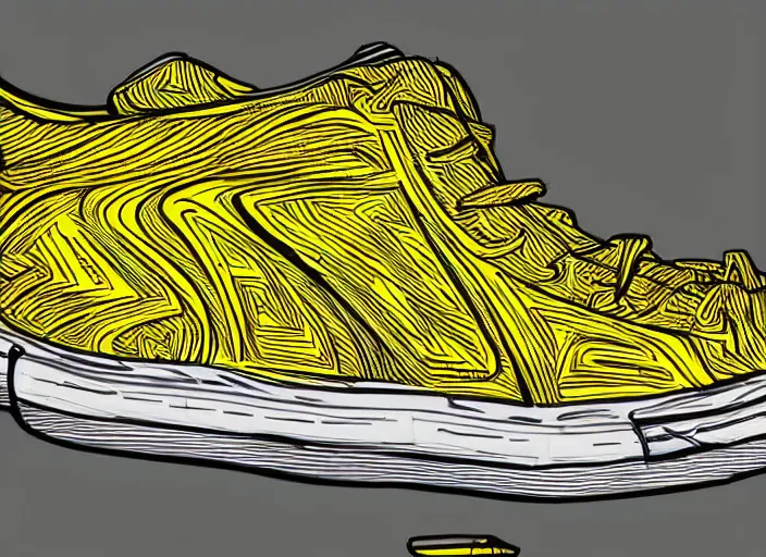 Image similar to sneaker concept, wth short golden lines, yellow details, highly detailed, digital art, sharp focus, trending on art station, anime art style