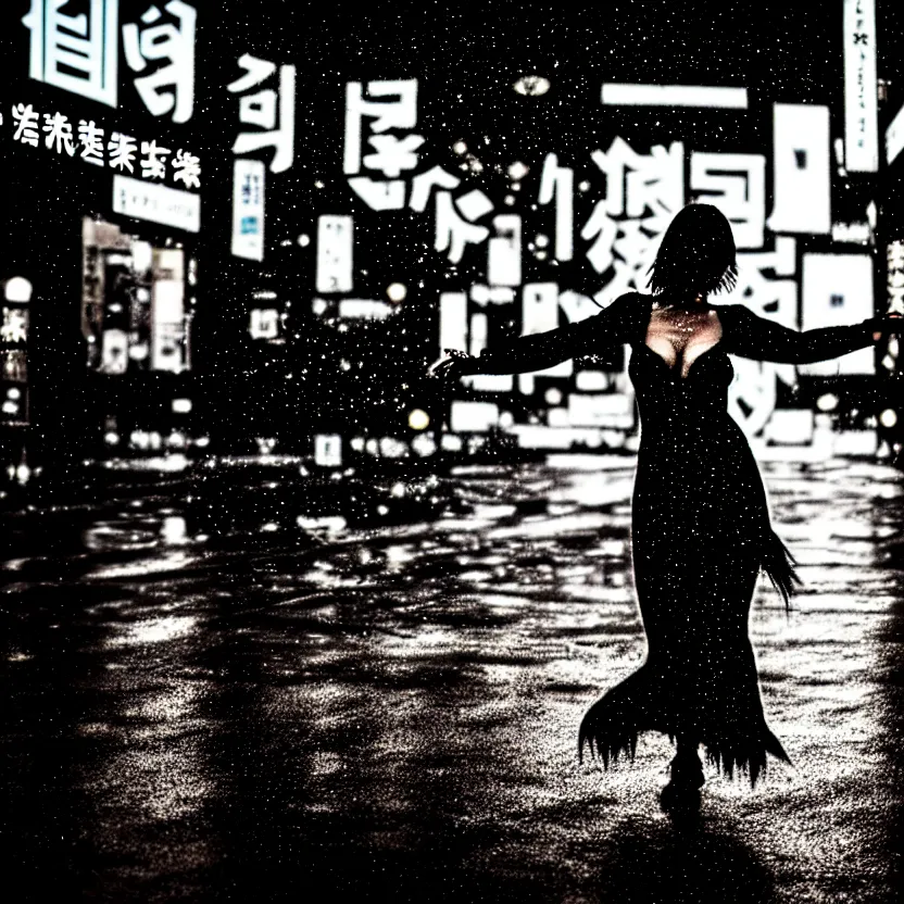 Image similar to a photo close up cyberpunk woman dancing in the rain, cyberpunk hiroshima, prefecture streets, midnight, photorealistic, cinematic lighting, highly detailed, bokeh, style by tomino - sama