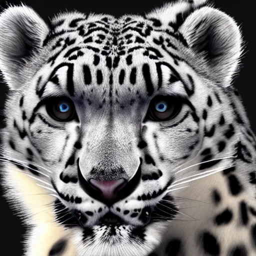 Image similar to photorealistic snow leopard. hyperdetailed photorealism, 1 0 8 megapixels, amazing depth, high resolution, 3 d shading, 3 d finalrender, 3 d cinematic lighting, glowing rich colors, psychedelic overtones, artstation concept art.