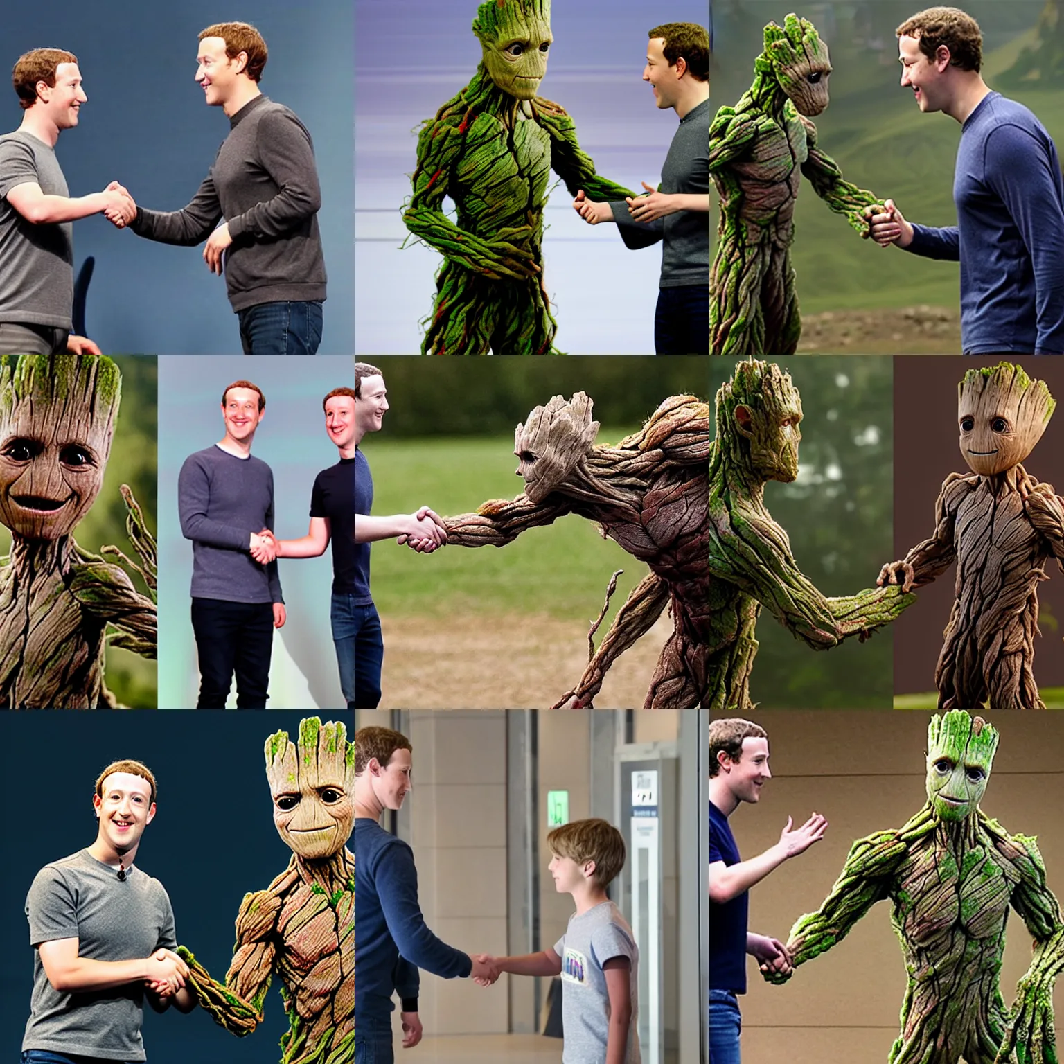 Prompt: mark zuckerberg shaking hands with GROOT