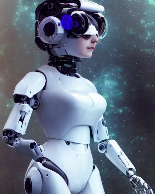 Prompt: centered portrait photo by bouguereau of blissful girl as a solarpunk mecha humanoid robotic parts wearing goggles with bright lights, real human face, serpentine pose, inside white room, ultra - realistic and detailed, 8 k