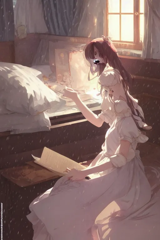 Image similar to a girl in a maid's outfit in the bedroom typing front the notebook a night, raining outside the window, wavy white long hair, by krenz cushart and mucha and akihito yoshida and makoto shinkai and greg rutkowski, 4 k resolution