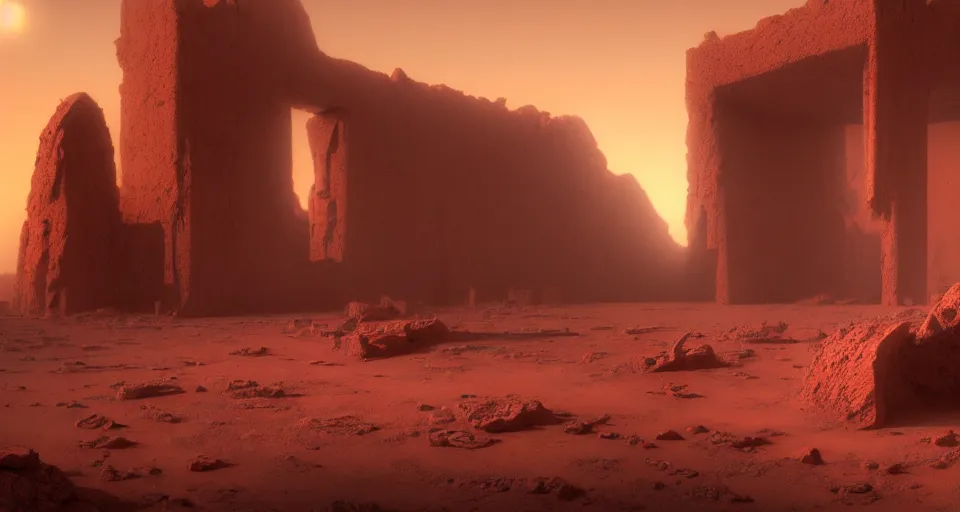 Prompt: ruins of a monolithic religious building on mars for the cult of the xeno prophet, vivid colors, matte painting, 8K, concept art, mystical color scheme, trending on artstation
