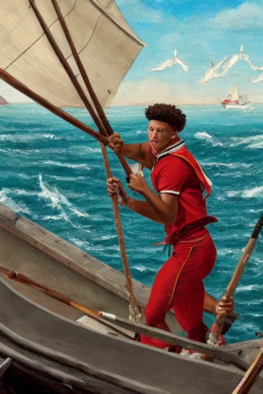 Prompt: patrick mahomes in an 1 8 th century whaler rowboat, brandishing a whaling harpoon, the harpoon is sharp, he's on an old sailing boat, oil painting, coherent, highly realistic, anime style