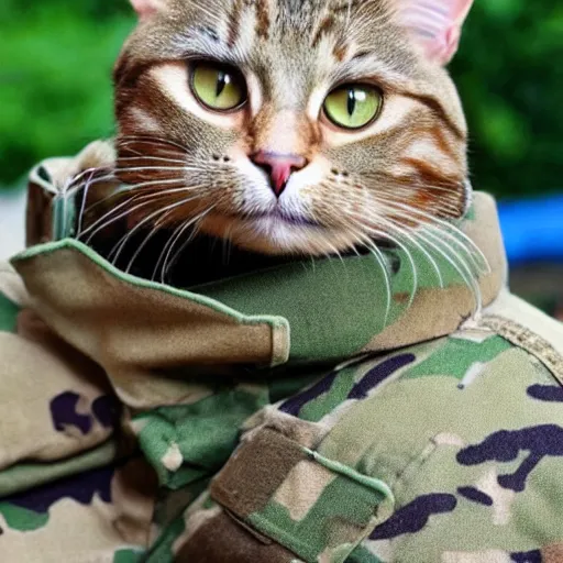 Prompt: cat using army clothes