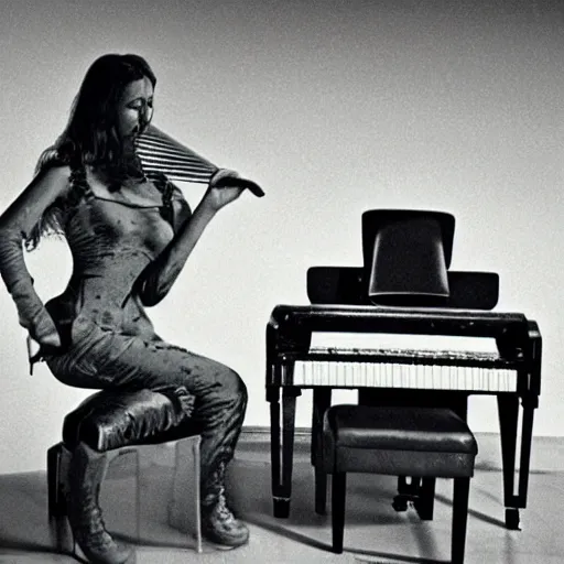 Image similar to slimy woman, playing piano, futuristic, pipe smoking, couch