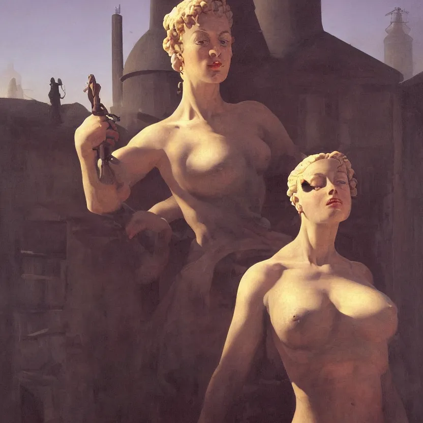 Prompt: a baroque neoclassicist portrait of a farmgirl assassin head and shoulders, marble statue, barn and silo in background. renaissance portrait painting. highly detailed science fiction painting by frank frazetta, and syd mead. rich colors, high contrast, gloomy atmosphere, dark background. trending on artstation