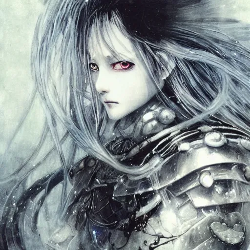 Image similar to yoshitaka amano blurred and dreamy realistic illustration of an anime girl with wavy white hair and cracks on her face wearing elden ring armour with the cape fluttering in the wind, abstract black and white patterns on the background, noisy film grain effect, highly detailed, renaissance oil painting, weird portrait angle