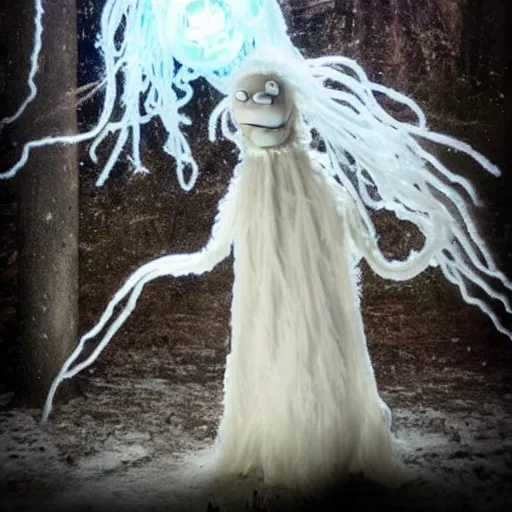 Image similar to humanoid ethereal ghostly live action muppet wraith like figure with a lightbulb jellyfish head with two very long tentacles for arms that flow gracefully at its sides while it floats around the frozen tundra searching for lost souls and that hide in the shadows in the trees, this character can control the ice, snow, shadows, and electricity, it is a real muppet by sesame street, photo realistic, real, realistic, felt, stopmotion, photography, sesame street