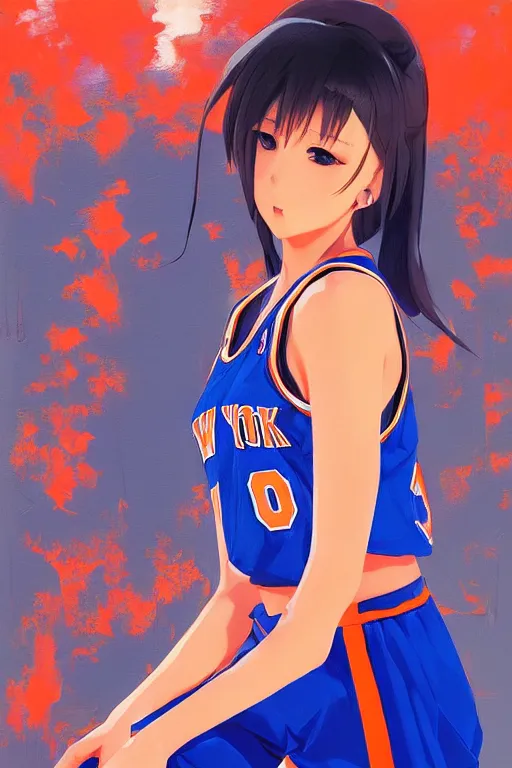 Prompt: A ultradetailed beautiful panting of a stylish anime girl, she is wearing a New York Knicks basketball jersey, Oil painting, by Ilya Kuvshinov, Greg Rutkowski and Makoto Shinkai