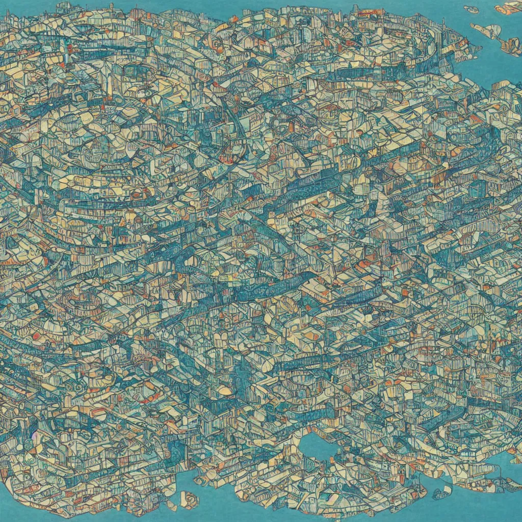 Prompt: a detailed infographic map of a futuristic city located in a round island surrounded by water with a few flying ships stationed around it, in the style of diego rivera schiele, full color, axonometric exploded view