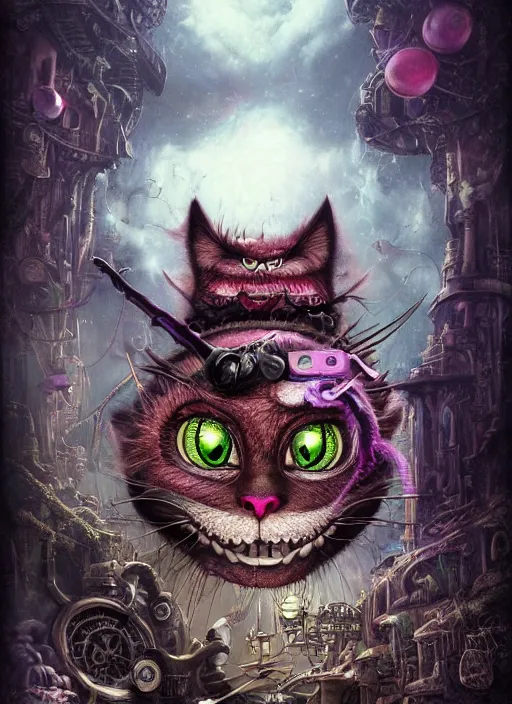 Image similar to cheshire cat, angry, scary, cheeky, steampunk googles, highly detailed, cinematic, 8 k, by megan duncanson, benjamin lacombe, stanley artgermm, tom bagshaw, craig mullins, carne griffiths, ayami kojima, beksinski, giger, trending on deviantart, hyper detailed, horror, full of colour