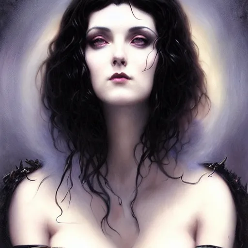 Image similar to beautiful striking Pre-Raphaelite goth Elvira Mistress of the Dark by Artgerm and Greg Rutkowski, pale, intricate, elegant, highly detailed, digital painting