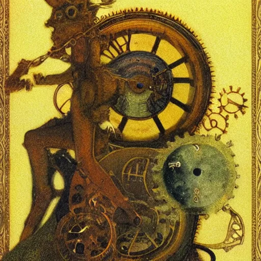 Prompt: clockwork figure, golden hour, illustration by Brian Froud and John Bauer