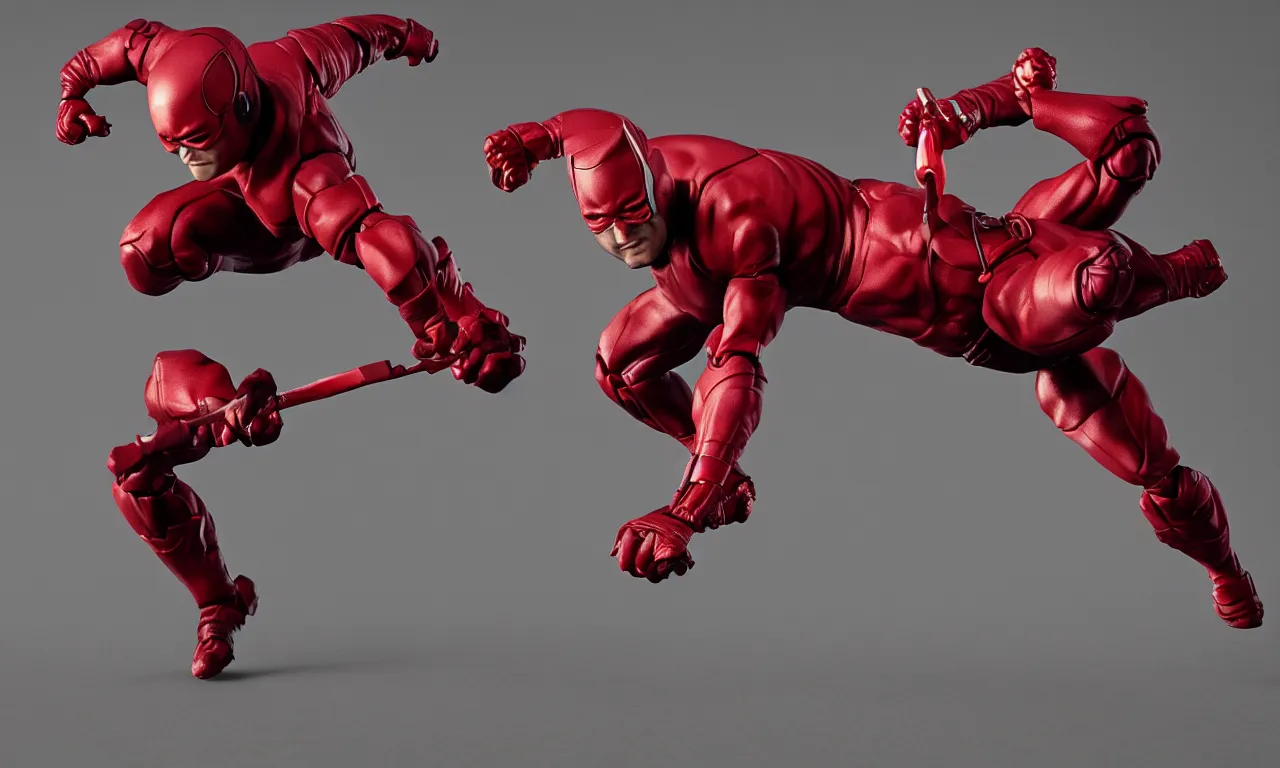 Prompt: an action figure of daredevil in a dynamic pose, full subject in frame, deep color, low key lighting, cinematic lighting, artstation trending, octane render, unreal engine