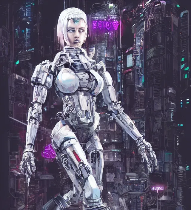 Prompt: highly detailed illustration of a cyberpunk girl with neon eyes and white hair , wearing future mecha, heroically battle posing, muscular, intricate, elegant, highly detailed, centered, digital painting, artstation, concept art, sharp focus, concept art, by Katsuya Terada