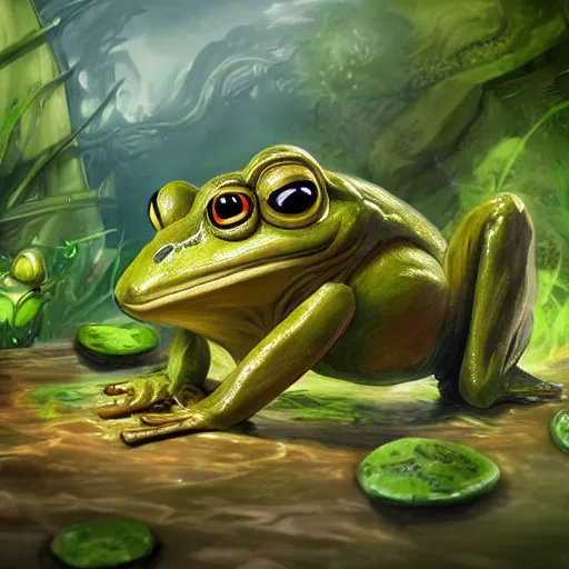 Prompt: beatiful art league of legends splash art of a frog in a swamp