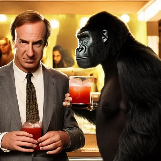 Prompt: A photo of Saul Goodman drinking cocktails with a gorilla, cinematic lighting